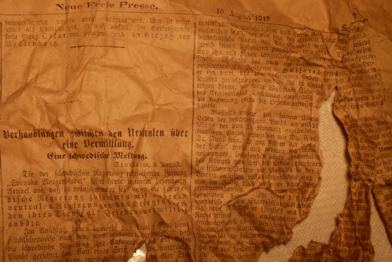 Gefunden bei einem Elektrorohr. Zeitung August 1918 – der 1. Weltkrieg war noch im Gange, aber am Ausklingen